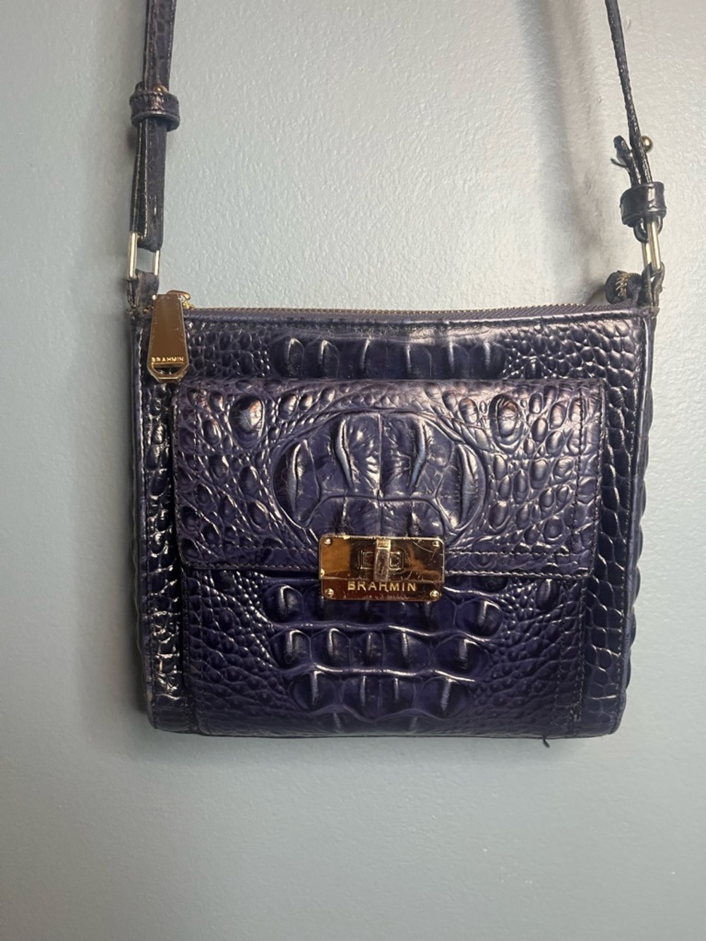 Brahmin Deep purple Croc-Embossed Leather Crossbody with Gold Hardware